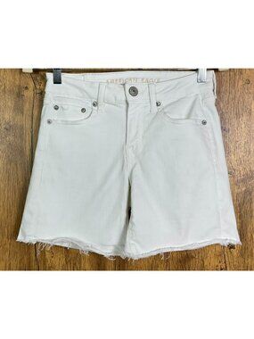 American Eagle Next Level Stretch White Denim Midi Shorts Size 4 Frayed Hem High